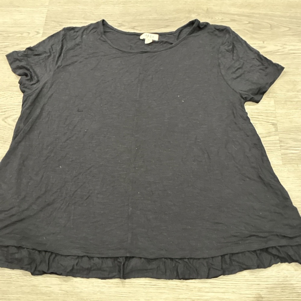 Black Style & Co Short Sleeve Bottom Ruffled Hem Round Neck Tshirt | Size 2XL